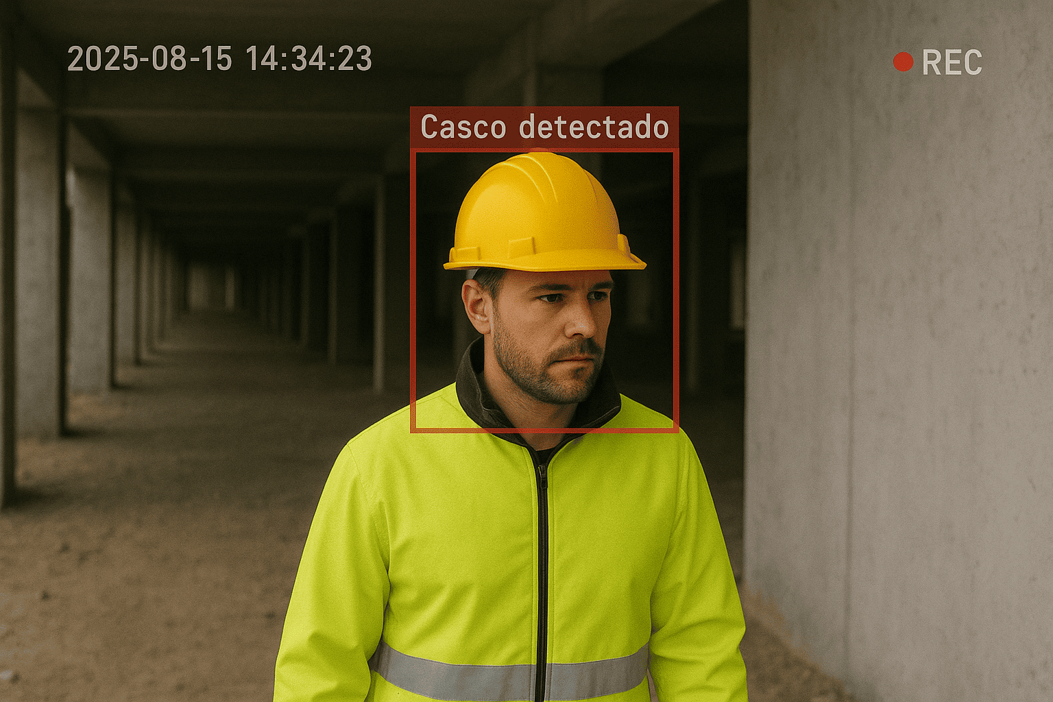 Vista de CCTV con detección de casco de seguridad